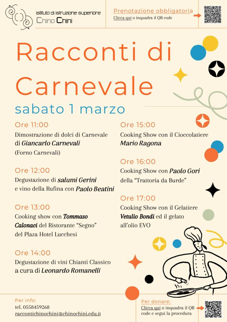 Locandina dell'evento "Racconti di Carnevale" all'Istituto Chino Chini di Borgo San Lorenzo, con dimostrazioni culinarie e degustazioni il 1° marzo 2025.