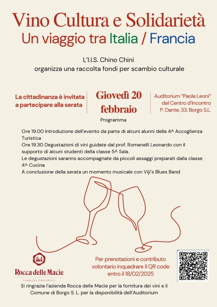 Locandina dell'evento 'Vino, Cultura e Solidarietà', con degustazioni guidate, musica dal vivo e raccolta fondi per uno scambio culturale. L'evento si terrà il 20 febbraio presso l'Auditorium 'Paola Leoni' di Borgo San Lorenzo.
